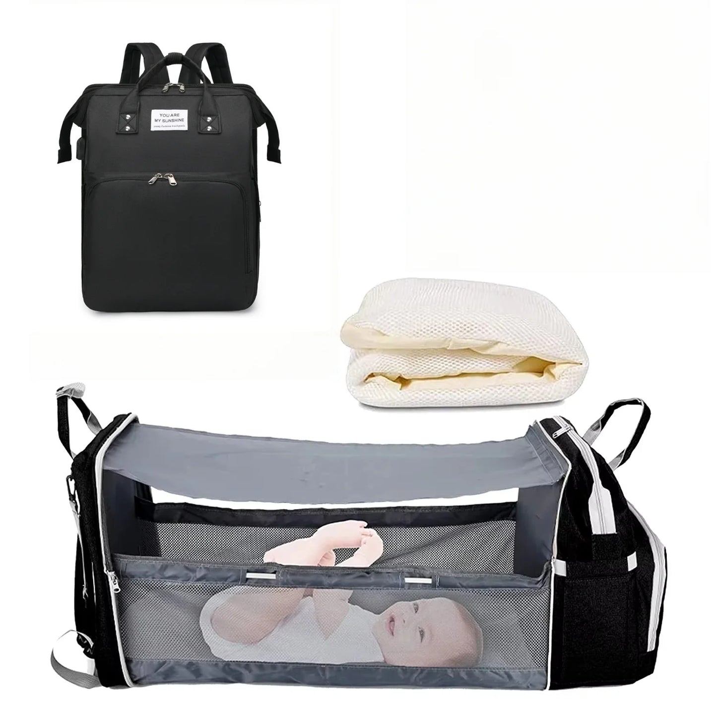 3-in-1 Diaper Bag Backpack with Foldable Bed