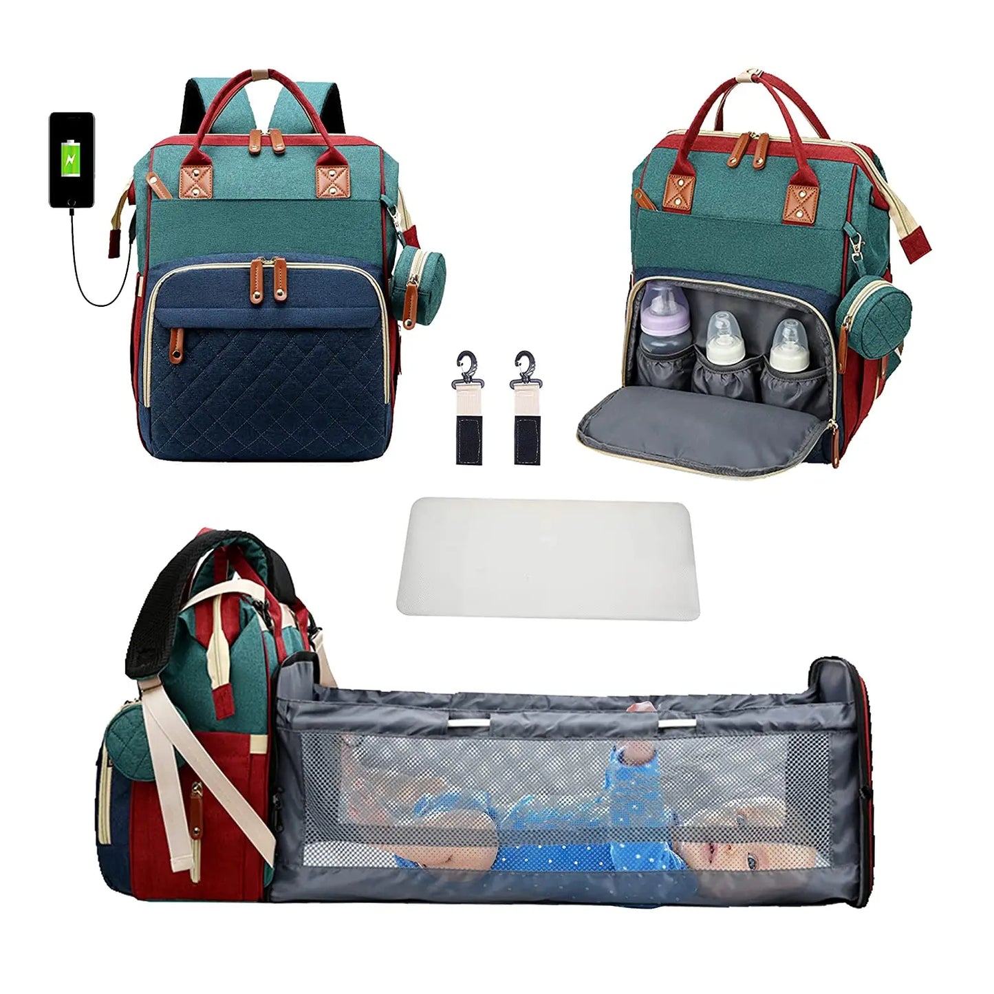 3-in-1 Diaper Bag Backpack with Foldable Bed