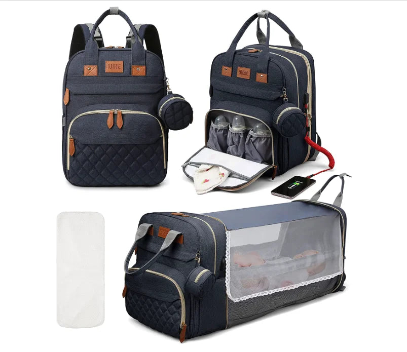3-in-1 Diaper Bag Backpack with Foldable Bed