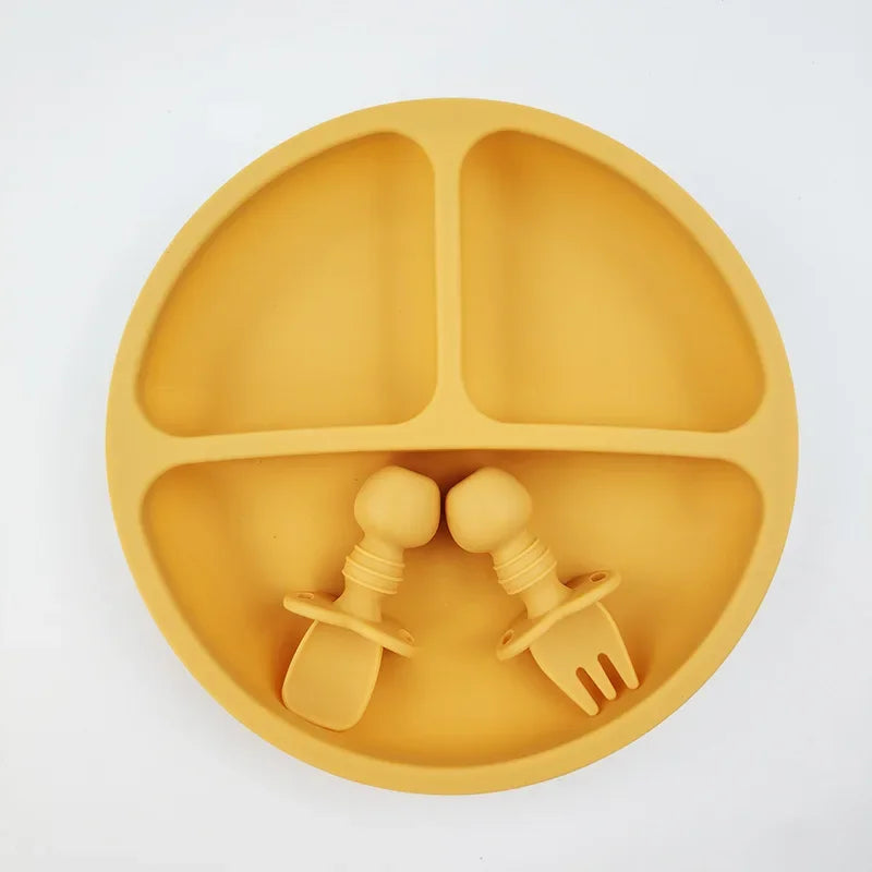 Silicone Baby Feeding Set - Suction Plate, Spoon, Fork & Bib