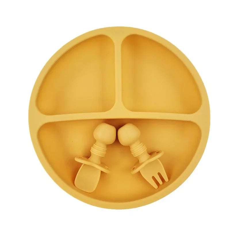 Silicone Baby Feeding Set - Suction Plate, Spoon, Fork & Bib