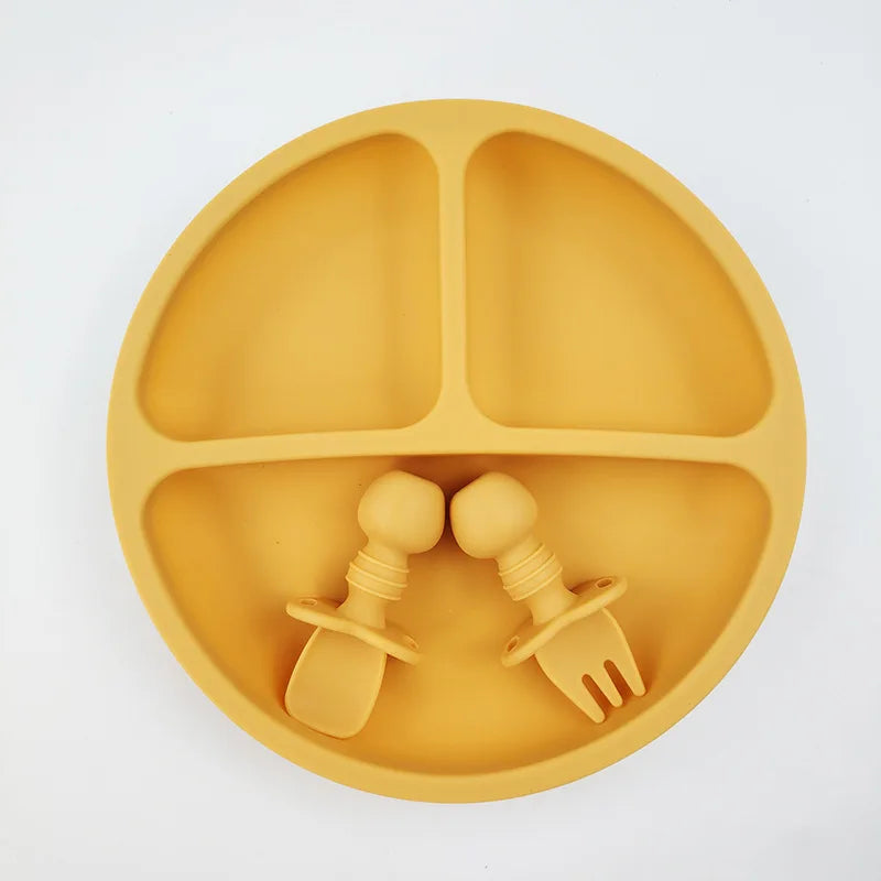 Silicone Baby Feeding Set - Suction Plate, Spoon, Fork & Bib