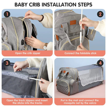 3-in-1 Diaper Bag Backpack with Foldable Bed