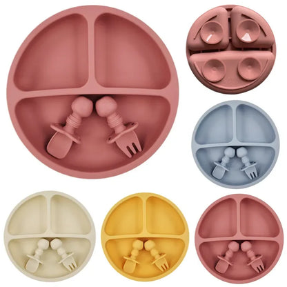 Silicone Baby Feeding Set - Suction Plate, Spoon, Fork & Bib