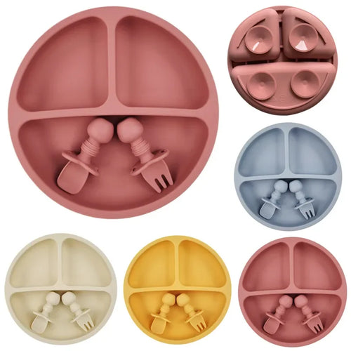 Silicone Baby Feeding Set - Suction Plate, Spoon, Fork & Bib