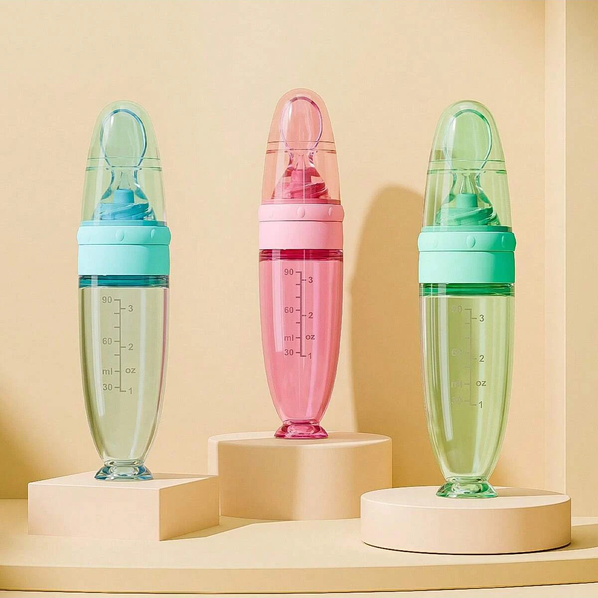Silicone Squeeze Feeding Bottle with Spoon - 90ml Portable Baby Feeder