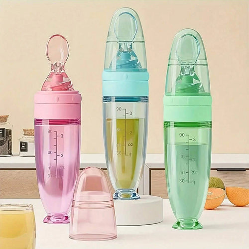 Silicone Squeeze Feeding Bottle with Spoon - 90ml Portable Baby Feeder
