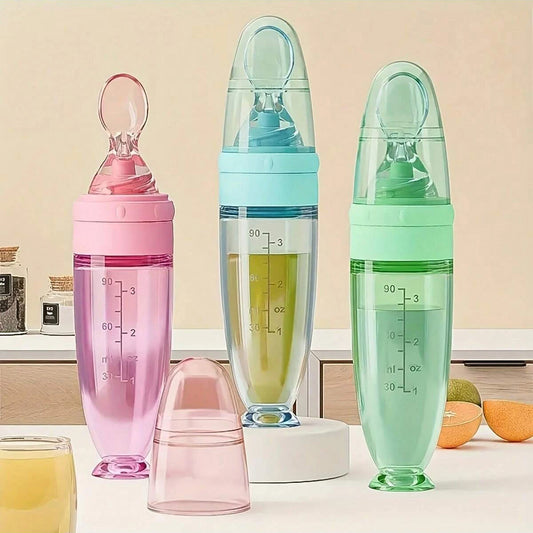 Silicone Squeeze Feeding Bottle with Spoon - 90ml Portable Baby Feeder