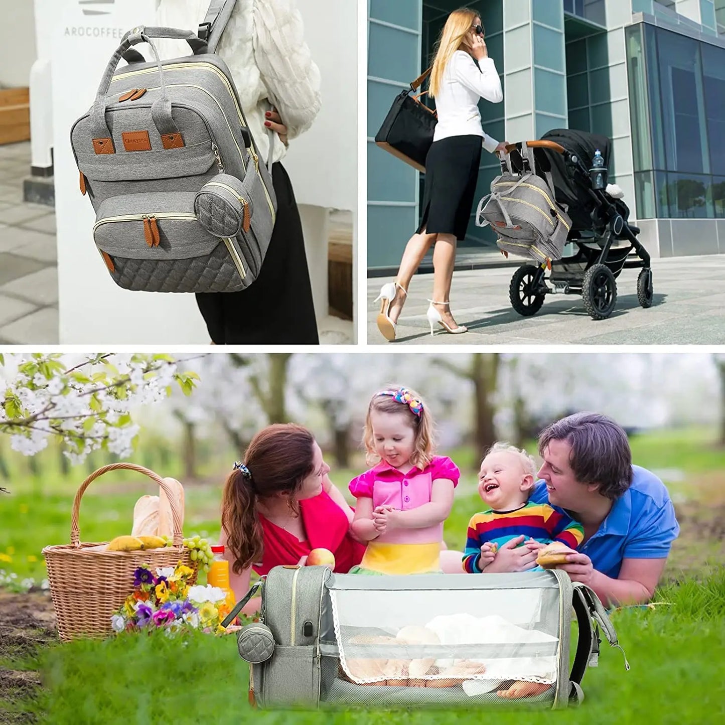 3-in-1 Diaper Bag Backpack with Foldable Bed