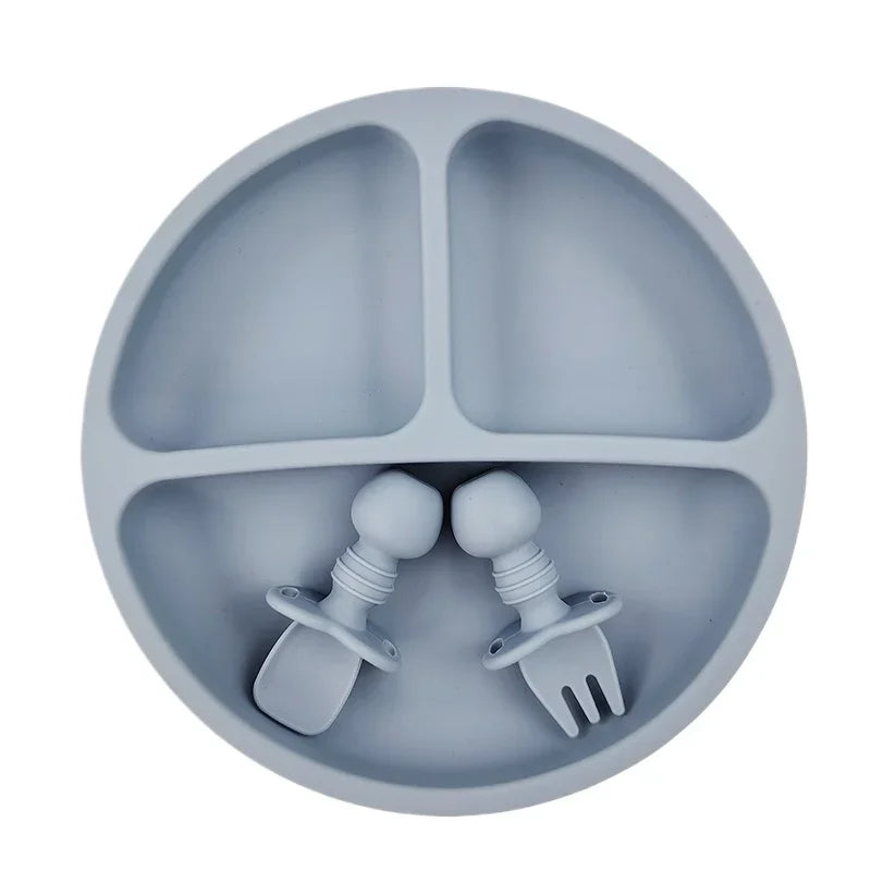 Silicone Baby Feeding Set - Suction Plate, Spoon, Fork & Bib