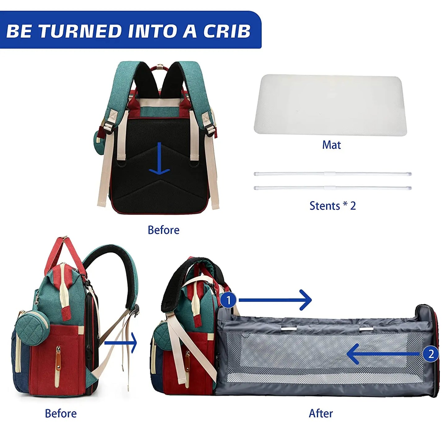 3-in-1 Diaper Bag Backpack with Foldable Bed