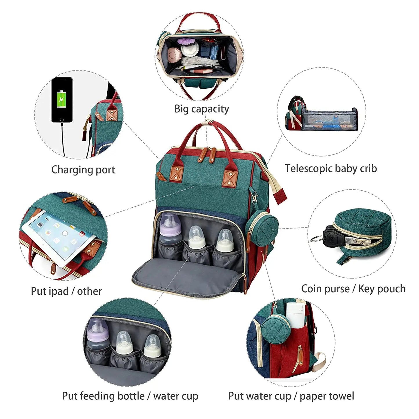 3-in-1 Diaper Bag Backpack with Foldable Bed