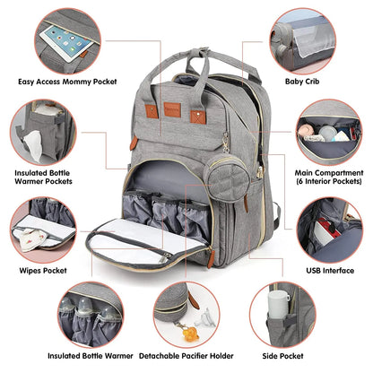3-in-1 Diaper Bag Backpack with Foldable Bed